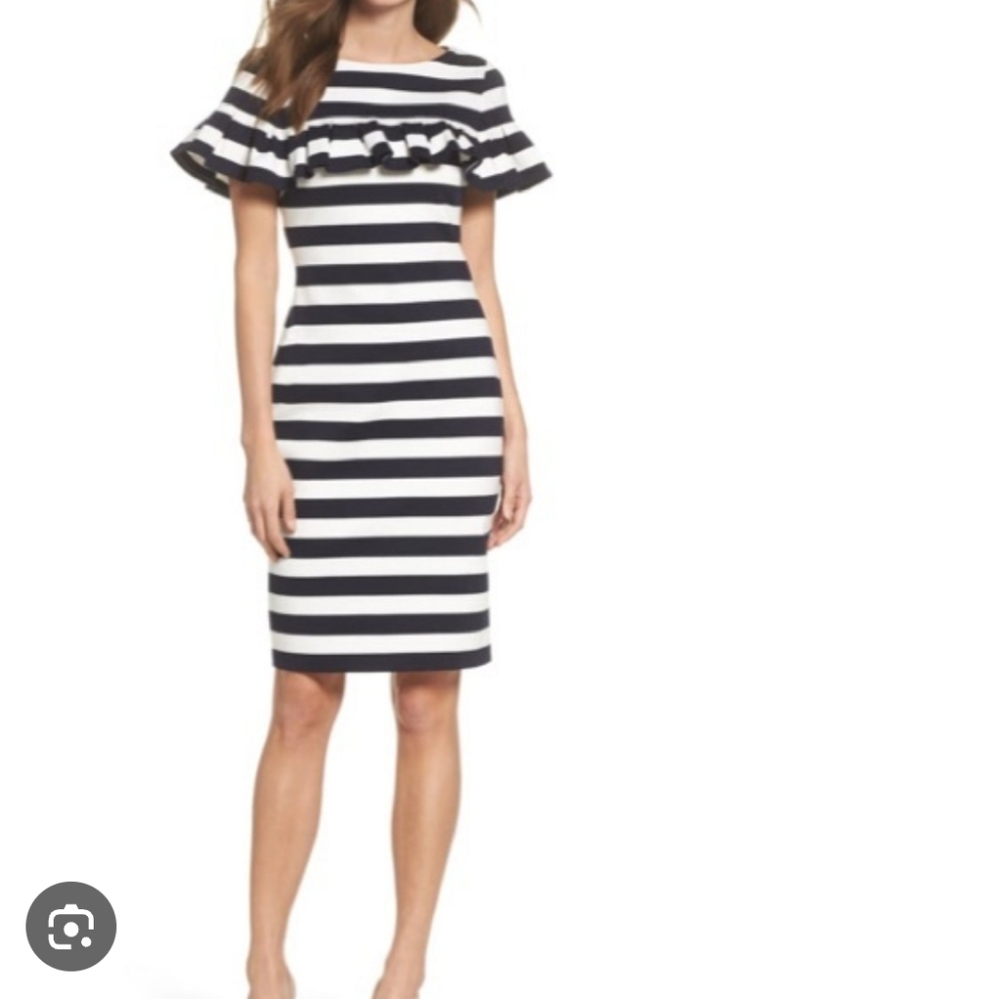 Eliza J Navy and White Striped Ruffle Midi Dress 16 Sheath Dress